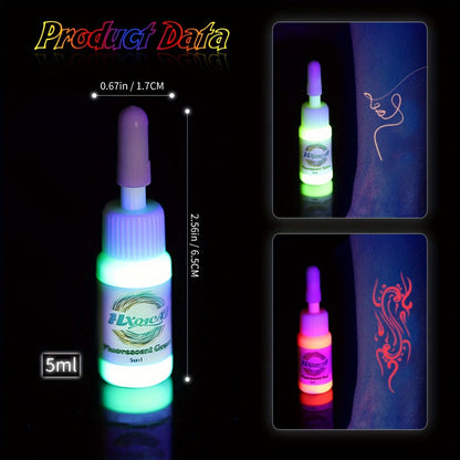 UV Fluorescent Tattoo Ink Kit 8 Colors Glow Under Blacklight – Safe Non-Toxic 5ml Bottles Professional Neon Body Art Ink Set for UV Tattoos Raves Festivals Clubs Blacklight Events