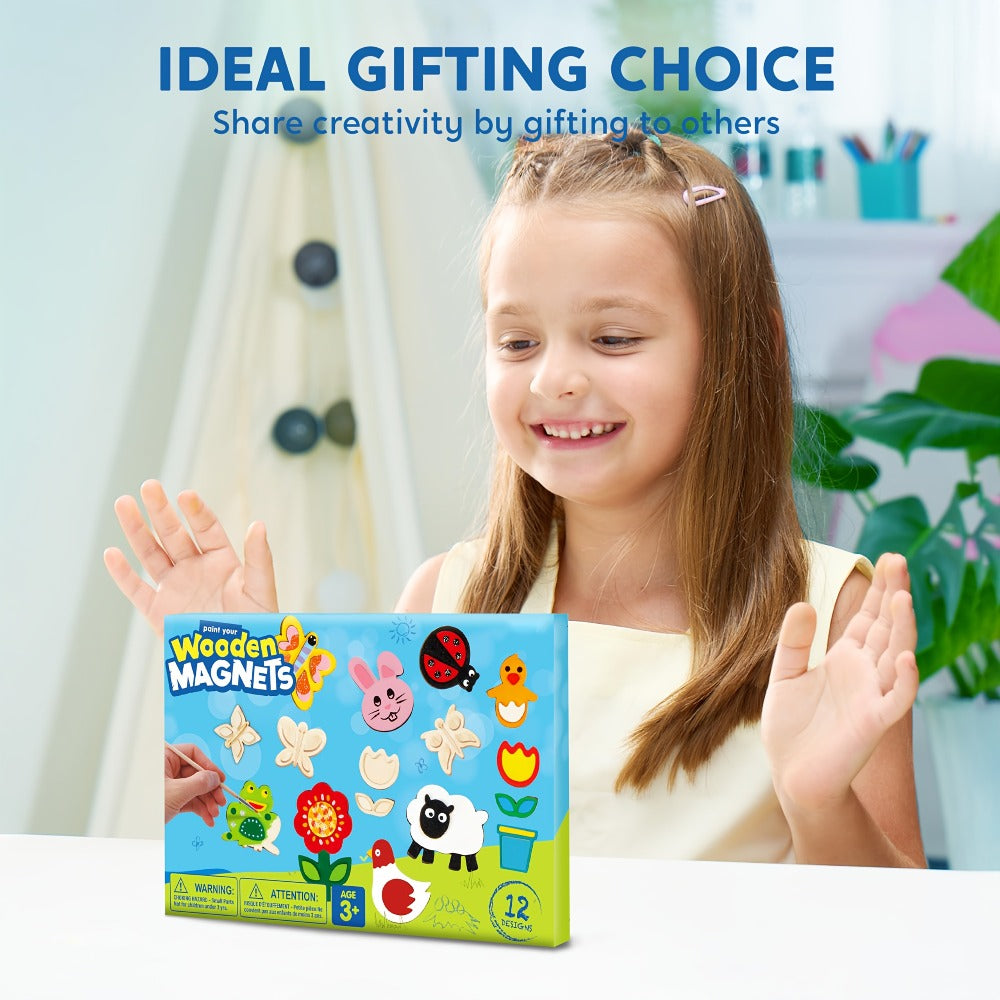 DIY Wooden Magnet Painting Kit for Kids – 12pcs Arts and Crafts Set with Paint Palette Brush Glitter Glue, Creative Activity Birthday Party Favor Gift Boys Girls Ages 3+