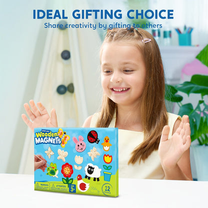 DIY Wooden Magnet Painting Kit for Kids – 12pcs Arts and Crafts Set with Paint Palette Brush Glitter Glue, Creative Activity Birthday Party Favor Gift Boys Girls Ages 3+