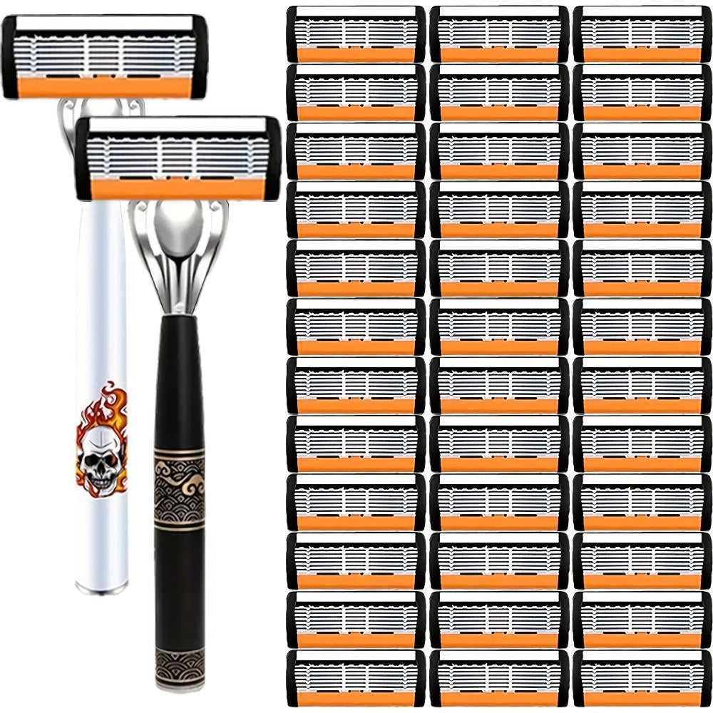Beard Razor for Men 6-Layer Stainless Steel Blades Premium Metal Handle 36 Replaceable Blades – Mustache Grooming Shaver Ultra-Close Traditional Shaving Kit for Daily Use Gift for Him