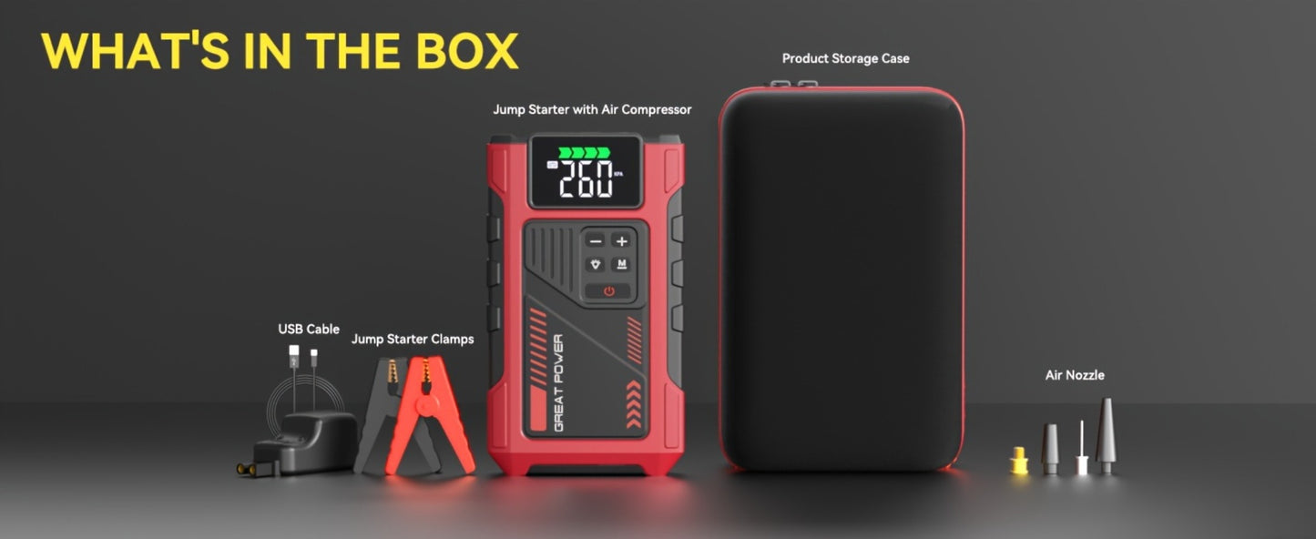 4000A Jump Starter with Air Compressor 150PSI – 12V Battery Pack for 8.0L Gas & 6.5L Diesel, USB & USB-C, LED Light, Car Emergency Kit