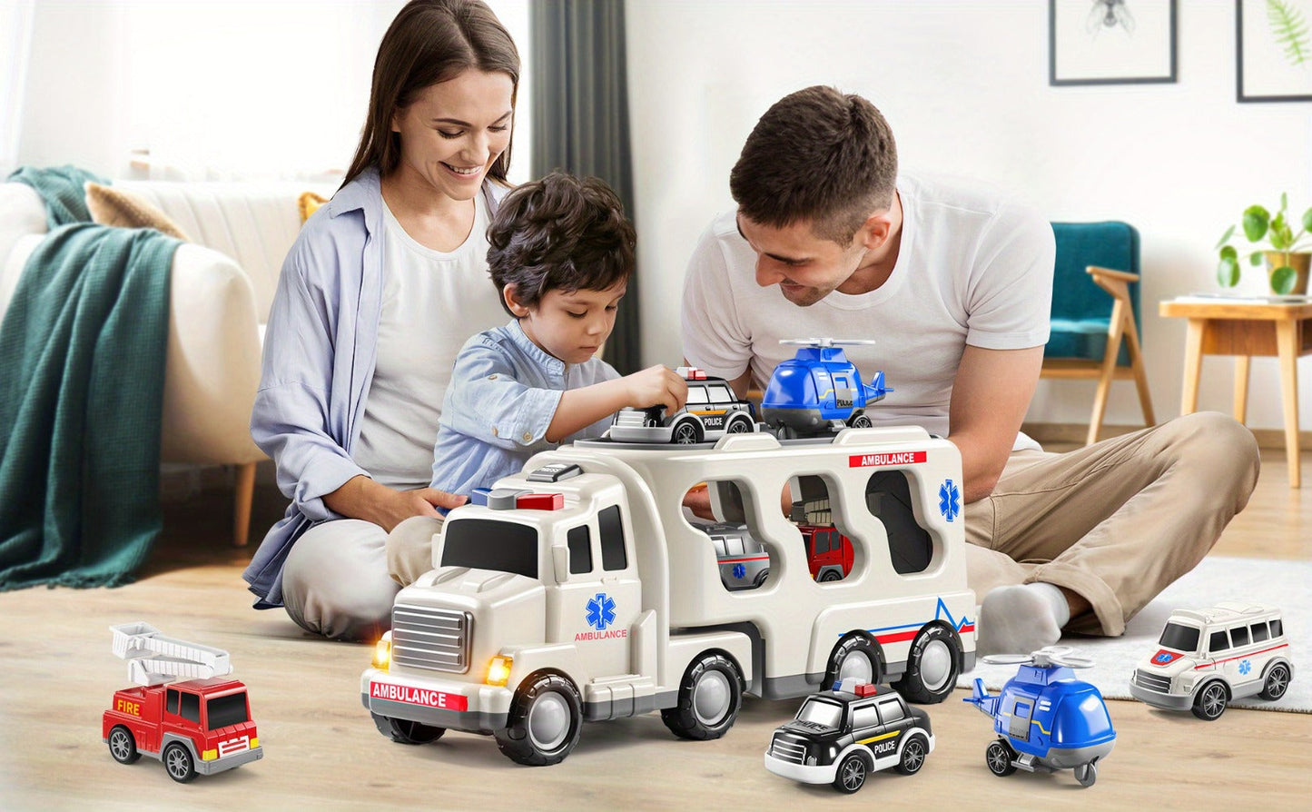 Ambulance Truck Toy 5-in-1 Carrier Set with Lights & Sounds – Friction Power Emergency Vehicle Playset for Kids Boys Ages 3+, Birthday Gift