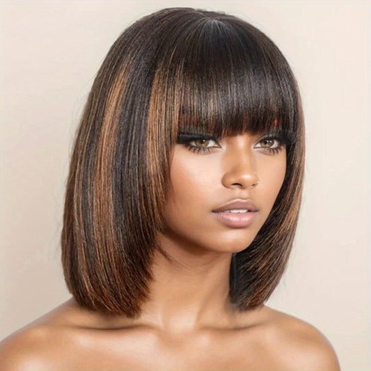 Straight Bob Wig with Bangs Human Hair 3x1 Lace Part Pre-Plucked Glueless Brazilian Short Bob 150 Density 1B/30 Highlight Natural Black 10-12 Inch Women