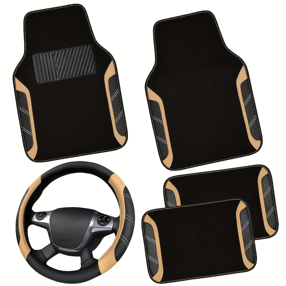 Steering Wheel Cover & Waterproof Car Floor Mats Combo Set – Microfiber Anti-Slip Universal Fit 14.5-15 Inch for 95% Sedan SUV Cars – Sporty Comfortable Design (Black & Blue / Beige / Red / Pink / Gray)