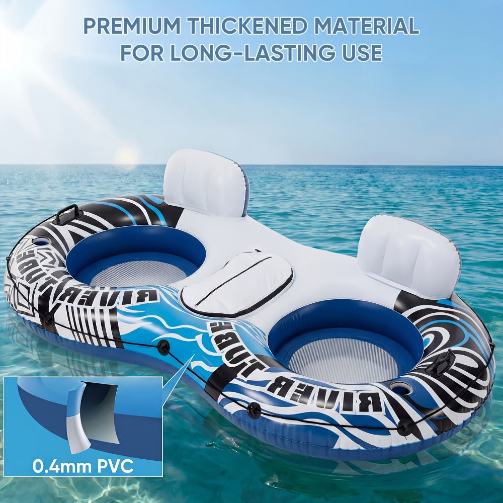 2 Person Inflatable Pool Float Bed with Detachable Cooler & 2 Cup Holders – Heavy Duty Double Adult Lounge Raft for Swimming Pool River Lake Drifting Summer Couples Gift