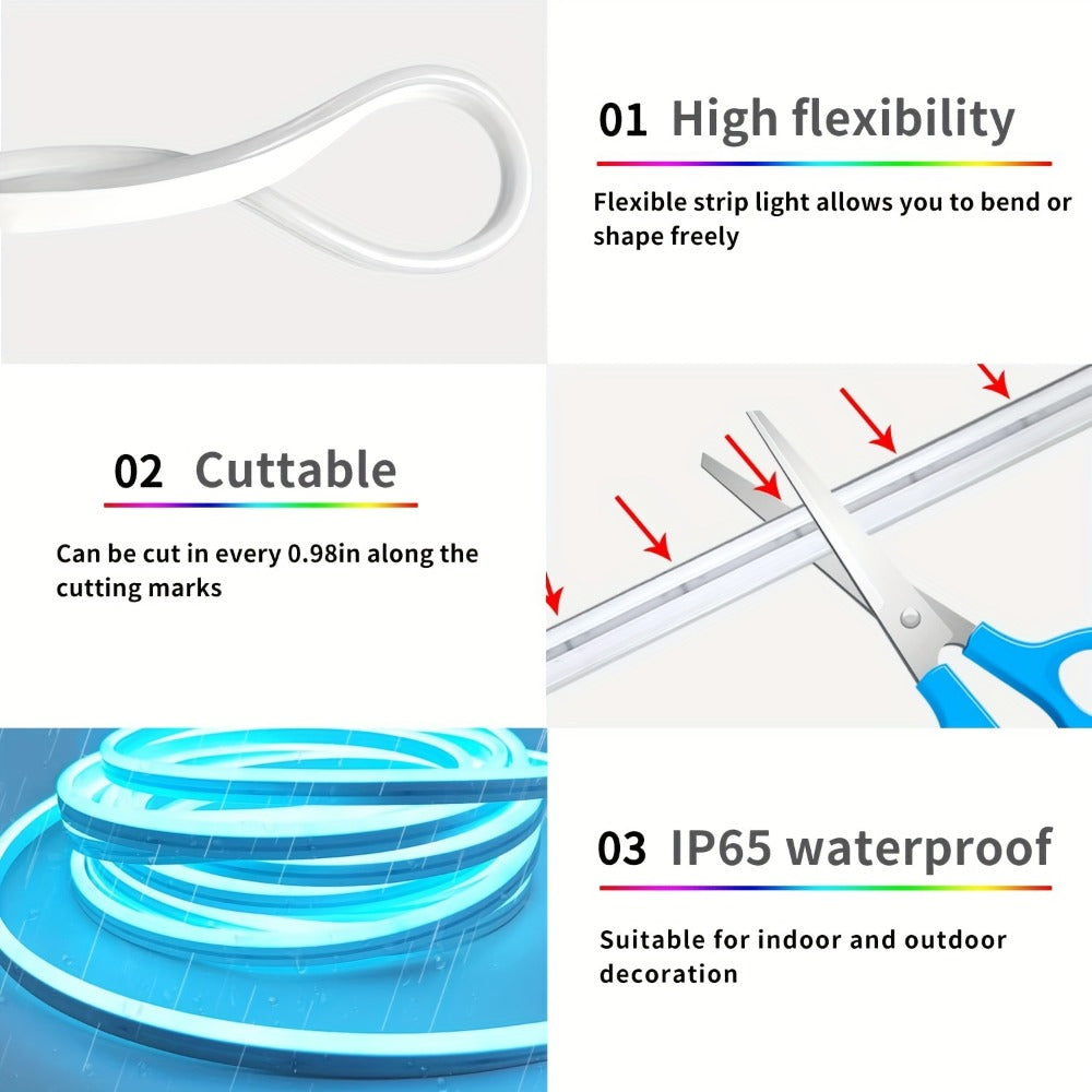 Neon LED Strip Lights 10m 32.8ft IP65 Waterproof with Power Adapter, 24V Flexible Neon Light Strip in White, Warm White, Ice Blue & Pink, for Bedroom, Living Room, Kitchen, Staircase, Indoor & Outdoor Decor