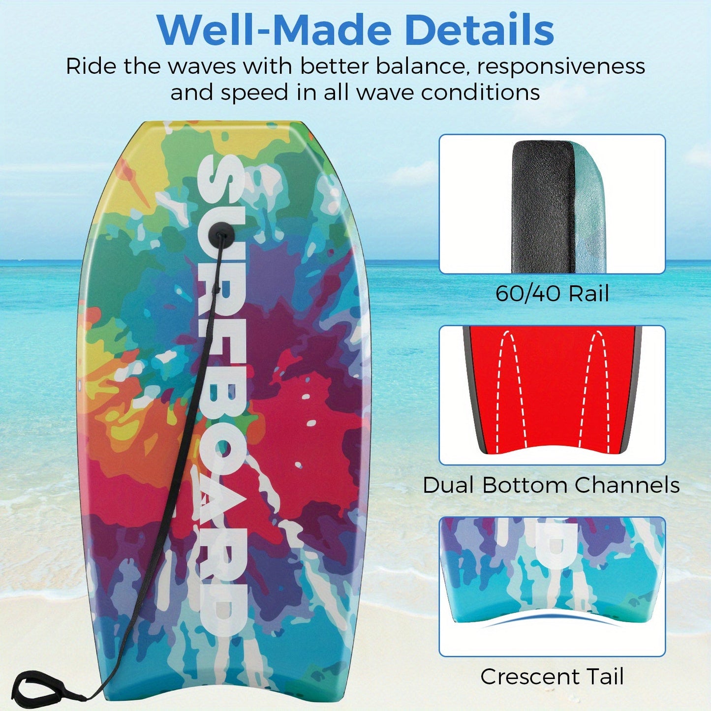 Bodyboard 41 Inch Lightweight XPE Deck EPS Core HDPE Bottom Crescent Tail Wrist Leash 200lbs for Teens Adults Beach Ocean Pool Multi-Color