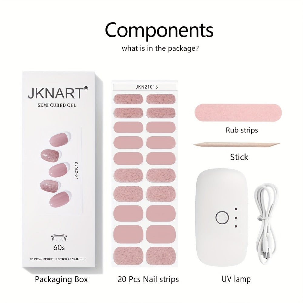 Gel Nail Art Kit Semi-Cured Nail Stickers 20 Designs with Portable UV Lamp Full Coverage Soft Gel Nail Patches Nude Nail Wraps for Women Party Birthday Gift Home Manicure