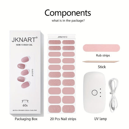 Gel Nail Art Kit Semi-Cured Nail Stickers 20 Designs with Portable UV Lamp Full Coverage Soft Gel Nail Patches Nude Nail Wraps for Women Party Birthday Gift Home Manicure