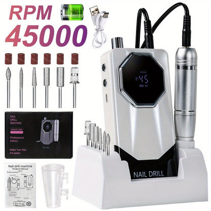Electric Nail Drill Kit 45000 RPM LCD Display USB Rechargeable Portable E-File Acrylic Gel Removal Polishing Forward Reverse Low Noise Home Salon Manicure Pedicure Gradient Grey White