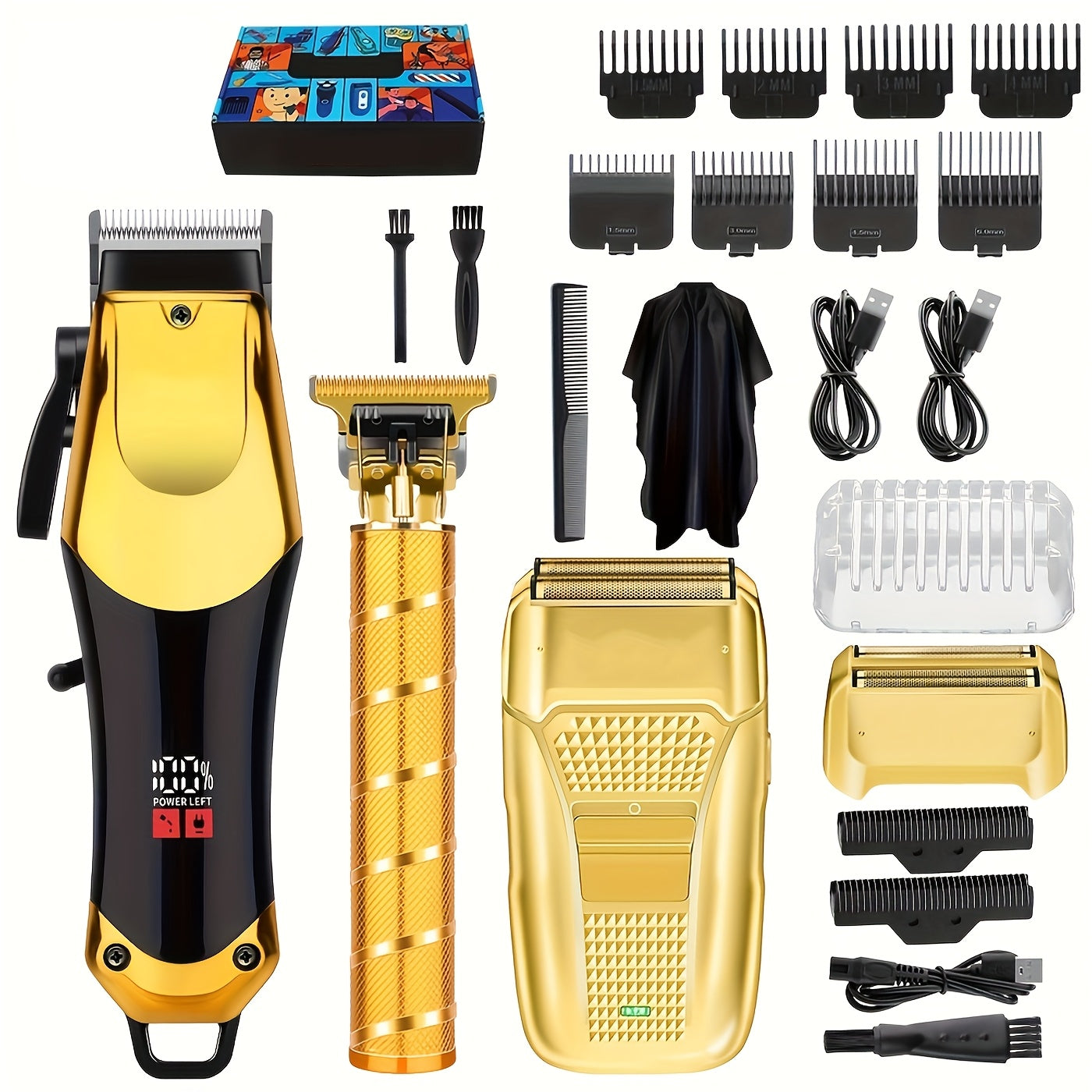Men's Grooming Kit Hair Clipper Set USB Rechargeable LCD Display - Professional Clipper Razor T-Blade Trimmer 8 Guide Combs & Apron Complete Home Barber Kit Gold Black Gift for Men