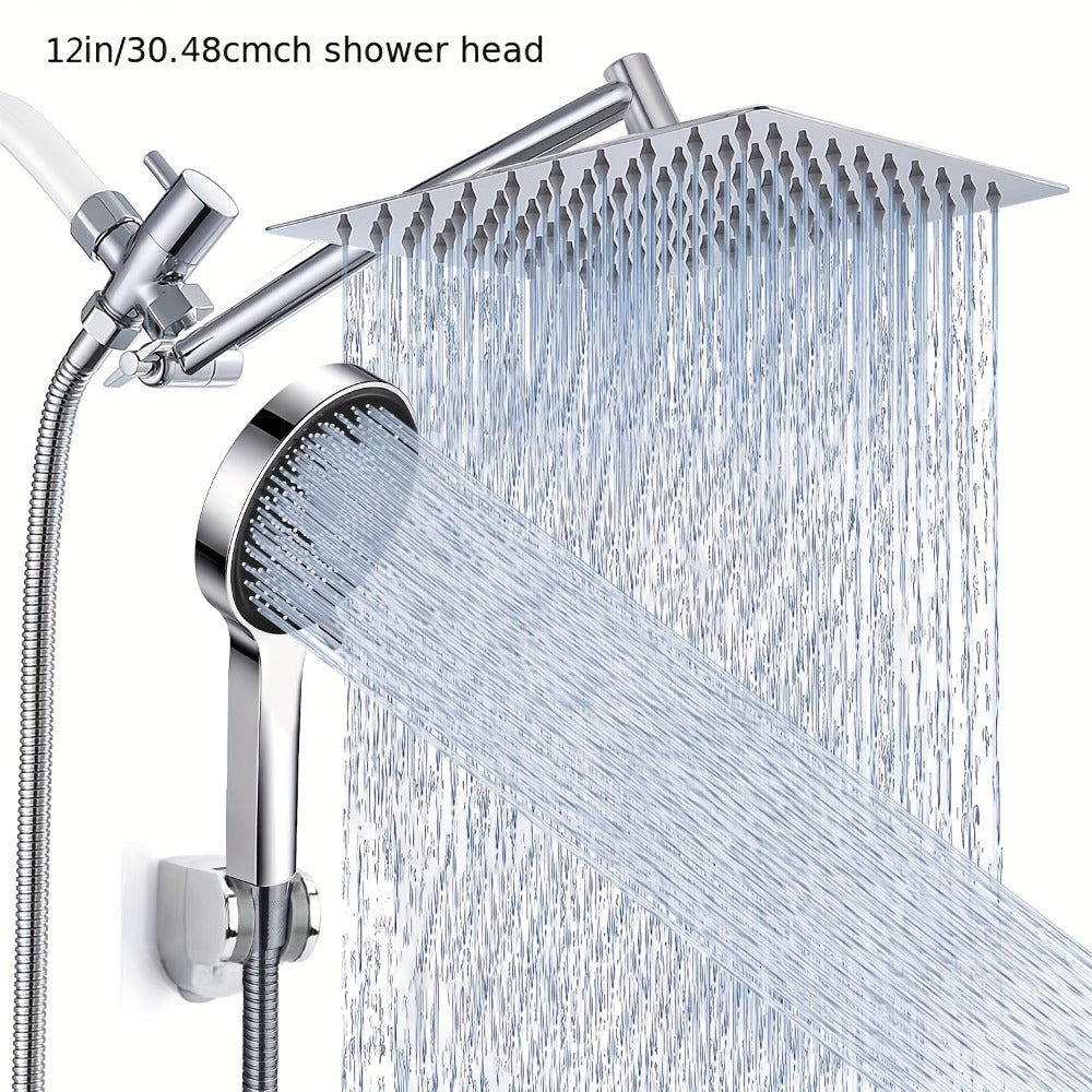 High Pressure Rainfall Handheld Shower Head Combo, 11-Inch Extension Arm, 9 Settings, 180° Adjustable, Anti-Leak with Holder, Chrome & Matte Black, 8/10/12 Inch