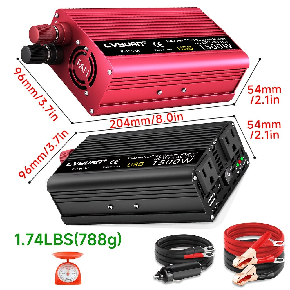 LVYUAN 1500W Peak Car Power Inverter, DC 12V to 110V AC Converter with 2 AC Outlets And USB Charging Port, Built-In Cooling Fan And Multiple Safety Protections for Car, RV, Truck, Camping, Off-Grid Emergency Use