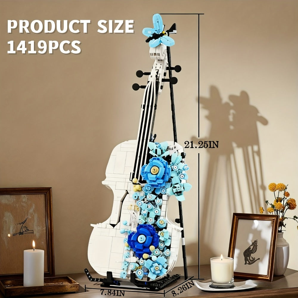 Flower Violin Building Block Set 1419pcs – 3D Musical Instrument Brick Model for Adults & Teens, Elegant Home Office Decor Display, Unique Birthday Father's Day Christmas Gift for Music Lovers