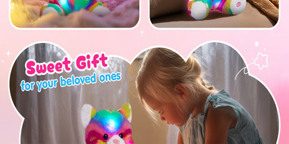Glow in the Dark Rainbow Cat Plush Toy with Music — Kawaii Glowing Kitty Stuffed Animal Night Light Companion for Kids Girls, Birthday Mother's Day Christmas Valentine Gift for Cat Lovers