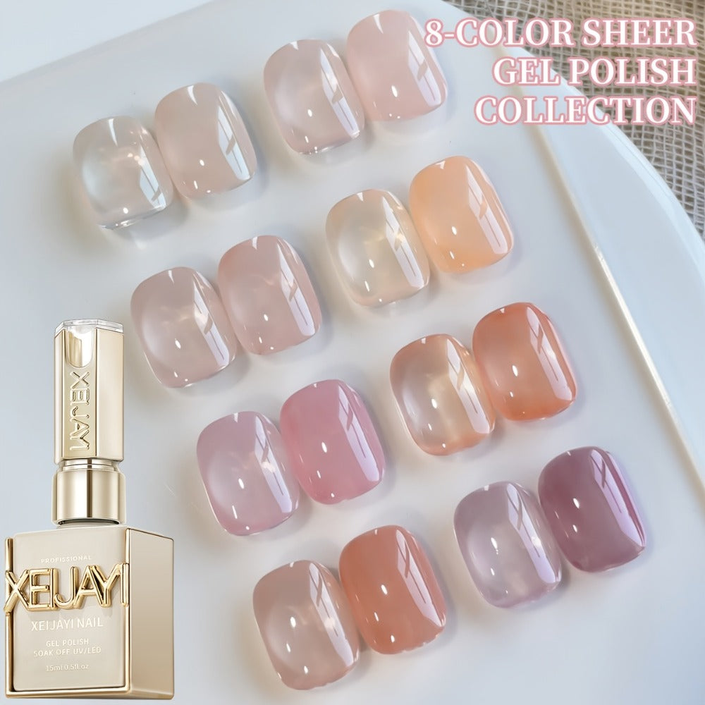 Jelly Gel Nail Polish Set 8 Colors Summer Ice Transparent Sheer Shades — Glossy Hydrating Formula LED Lamp Compatible Nail Art Manicure Kit for Women