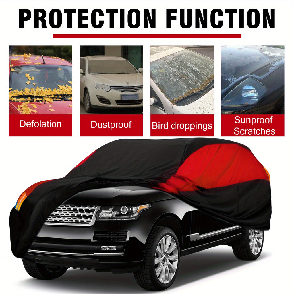 Universal Fit Outdoor Car Cover 170T Polyester Thickened Fabric with Reflective Strips, Full Exterior Sunshade Dustproof Protection for Sedan SUV - Black & Red