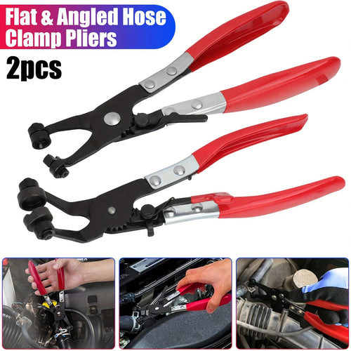 2pcs Hose Clamp Pliers Set, Collar Plier, Hose Remover Plier, Petrol Clip Pipe Plier, Angled Swivel Jaw Locking Tool, Flat Band Fuel Coolant Clip, for Auto, Industrial, Home Repair