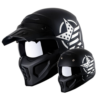 Convertible Motorcycle Helmet Full Face & Open Face 2-in-1 – Detachable Visor, Face Mask & Smoked Shield, Aerodynamic Thermoplastic Shell, Classic Style, Adult S/M/L/XL