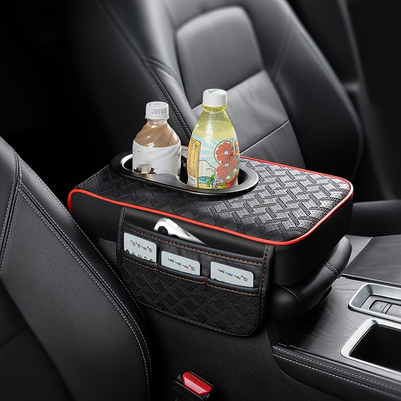 [PU Leather Console Mat] Universal Car Armrest Box Cover, PU Leather Center Console Mat With 2 Side Pockets + 2 Cup Holders, Multi-Functional Storage For Phone/Water Bottle/Cards, Fits Most Car Models, Tissue Box Replacement 3pcs Set-1