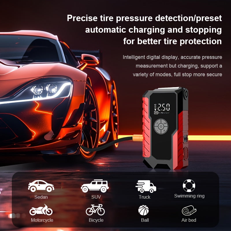 10000A 7-In-1 Multifunctional Emergency Jump Starter with 150PSI Air Pump, Digital Tire Inflator, Portable Car Battery Charger, Up to 2.64gal Gas/2.38gal Diesel, LED Emergency Light & USB Charging, Car Emergency Tool. Suitable As a Holiday Gift