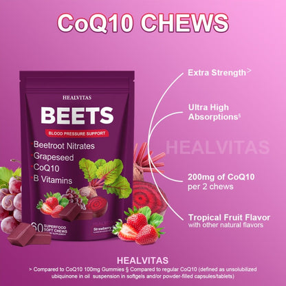 Beet Root Gummies for Blood Pressure & Heart Health with CoQ10 Vitamin B12 B6 Grapeseed Extract — Chewable SuperBeets Blood Flow Booster Nitric Oxide Supplement for Men Women 1 2 3 Pack