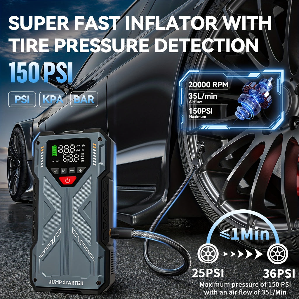 7-in-1 Portable Jump Starter With Air Compressor150PSI Digital Air Compressor, 12V Battery Booster For 2.38gal Gas/1.98gal Diesel Engines, Portable Car Jump Starter With Air Compressor, Fast Charge USB Ports & LED Emergency Light, Christmas Gifts