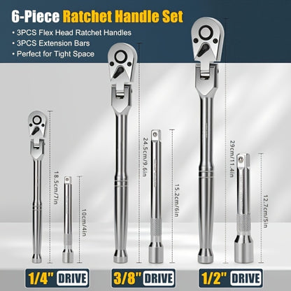 6-Piece Ratchet Wrench Set 1/4" 3/8" 1/2" Drive – Rotating Head Ratchet with Extension Bar, Chrome-Plated Stainless Steel, EVA Foam Storage Case | No Battery Required