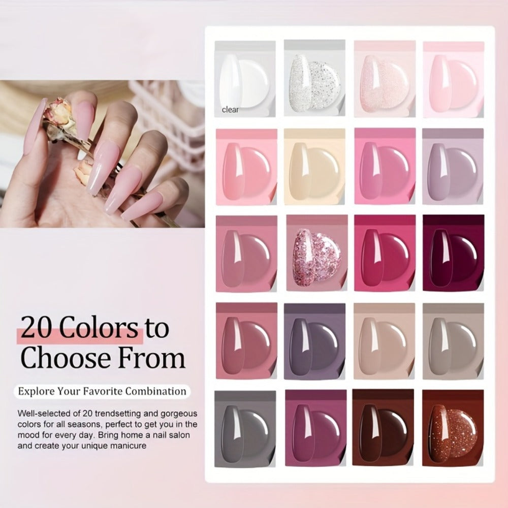 Dip Powder Nail Kit 20 Colors Glitter Set with Top Coat Primer Activator Pink Purple Brown French Manicure Starter Kit for Beginners Salon Quality Long Lasting