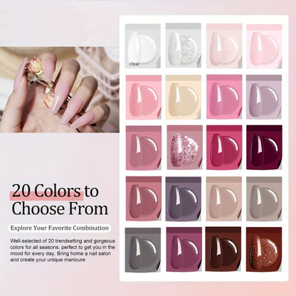 Dip Powder Nail Kit 20 Colors Glitter Set with Top Coat Primer Activator Pink Purple Brown French Manicure Starter Kit for Beginners Salon Quality Long Lasting