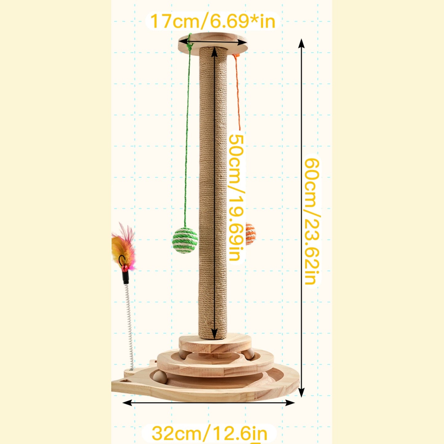Multi-Level Sisal Cat Scratching Post 4-in-1 with 6 Wooden Balls 2 Hanging Balls & 2 Feather Teaser Toys - Premium Thickened Sisal Anti-Slip Base for Indoor Cats M L XL + Replacement Pillars