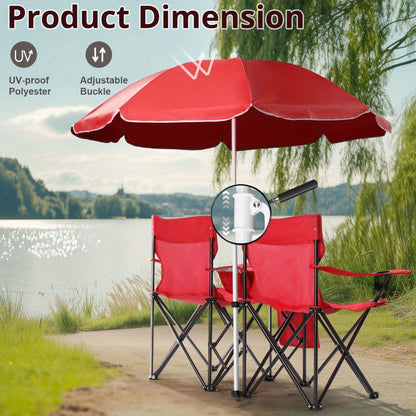 Folding Fishing Chair with Sun Umbrella – 2-Seat Portable Outdoor Chair, Iron Alloy Frame & Oxford Fabric, Built-In Storage Bag & Carry Bag, for Beach, Patio, Camping & Sunbathing, 4 Colors