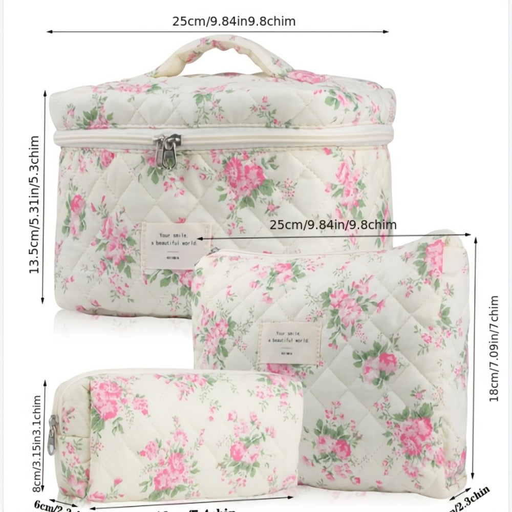 Quilted Makeup Bag Set 3 Pcs Floral Pattern Large Capacity Travel Cosmetic Organizer with Gold Zipper — Polyester Skincare Toiletry Pouch Blue Pink Peacock for Women
