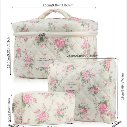 Quilted Makeup Bag Set 3 Pcs Floral Pattern Large Capacity Travel Cosmetic Organizer with Gold Zipper — Polyester Skincare Toiletry Pouch Blue Pink Peacock for Women