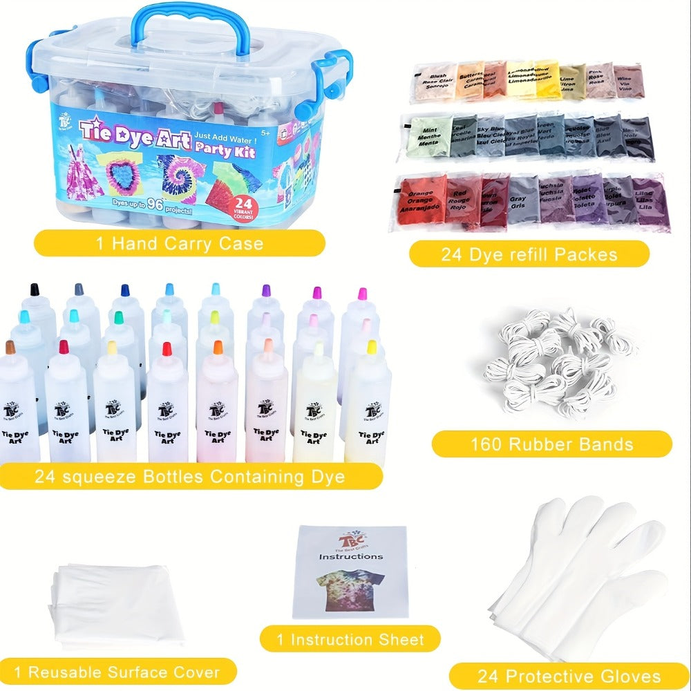 Tie Dye Kit 24 Colors All-in-One Set for Kids Teens Adults & Beginners – Squeeze Bottles Gloves Rubber Bands Carry Case, Non-Toxic ASTM Certified Summer Party Craft Activity Birthday Gift