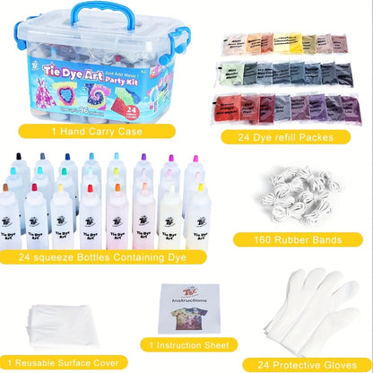 Tie Dye Kit 24 Colors All-in-One Set for Kids Teens Adults & Beginners – Squeeze Bottles Gloves Rubber Bands Carry Case, Non-Toxic ASTM Certified Summer Party Craft Activity Birthday Gift