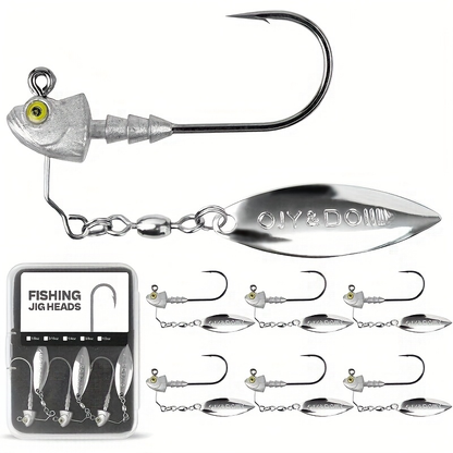 Underspin Jig Heads 6-Pack with 100% Brass Blade – Never Rust Rotating Spinner Jig for Bass & Saltwater Fishing – 3/16oz, 1/4oz, 3/8oz, 1/2oz – Flash & Vibration Swimbait Head