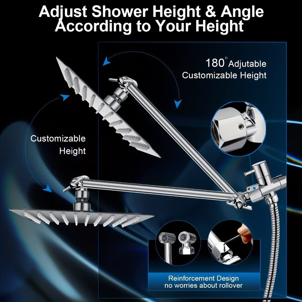 Rainfall Shower Head with Handheld Combo – 8" High Pressure Rain Shower, 5-Setting Adjustable, Anti-Leak with 11" Extension Arm, Holder & Hose, Height & Angle Adjustable