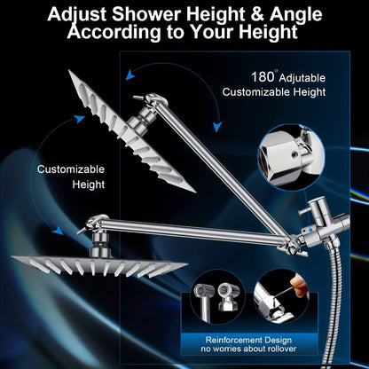 Rainfall Shower Head with Handheld Combo – 8" High Pressure Rain Shower, 5-Setting Adjustable, Anti-Leak with 11" Extension Arm, Holder & Hose, Height & Angle Adjustable