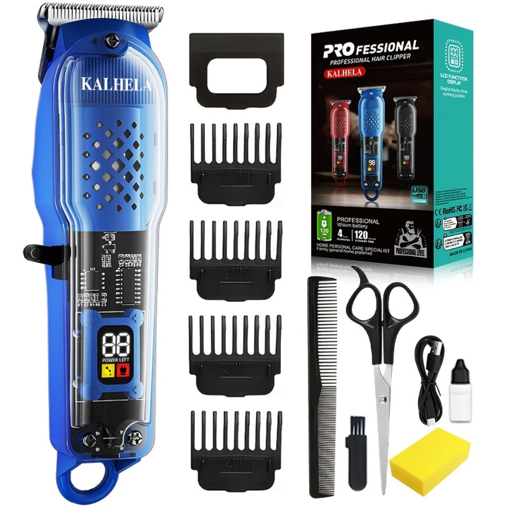 Retro Transparent Hair Clippers for Men – Electric Trimmer with LCD Display, USB Rechargeable Beard Clipper for Pompadour Fade Styles, Cordless Home Barber Tool, Red Black Blue