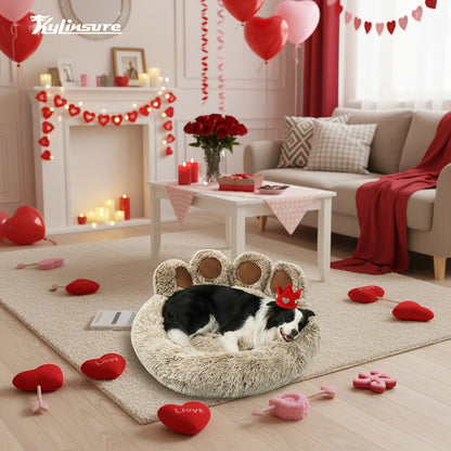 Dog Bed Cat Bed Bear Paw Shaped Donut – Calming Round Plush Pet Mattress, Warm & Soft Cuddler Bed for Dogs and Cats, Includes Pet Scarf, Sizes S to 2XL, Colors: Coffee, Pink, Grey, Brown