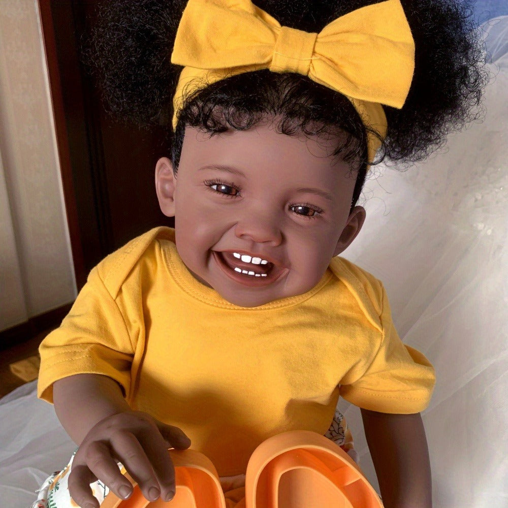 Black Reborn Baby Girl Doll 24 Inch Dark Brown Skin Soft Silicone Newborn Rooted Hair Cloth Body Magnetic Pacifier Lifelike Art Doll Gift for Kids Collectors Christmas Birthday