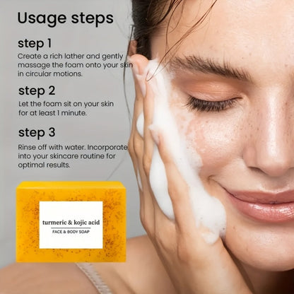 Turmeric Kojic Acid Brightening Soap Handmade Lemon Cold Process Deep Cleansing Hydrating Bar for Face & Body All Skin Types – Bundle Sets with Liquid Soap & Face Wash, Skincare Gift for Women