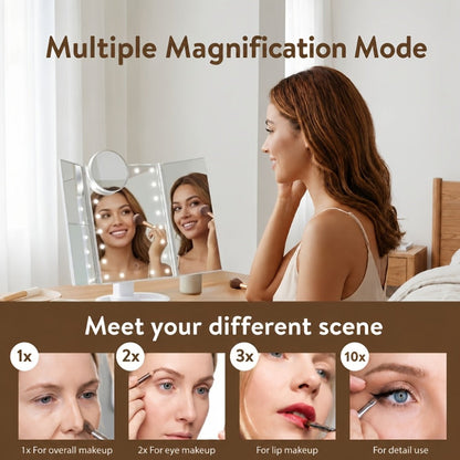 Vanity Mirror with Lights Tri-Fold 21 LED Lighted Makeup Mirror Touch Control 1X 2X 3X 10X Magnification 360 Rotation Dual Power Tabletop Trifold Mirror for Women Gift White Rose Gold