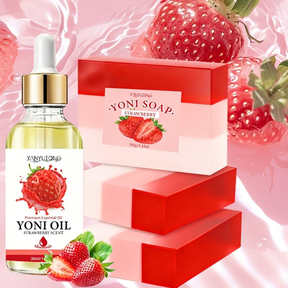 Strawberry Yoni Bath Set 4pcs for Women – Scented Yoni Oil & Soap Feminine Hygiene Kit pH Balance Odor Control Moisturizing Intimate Care Gift Set