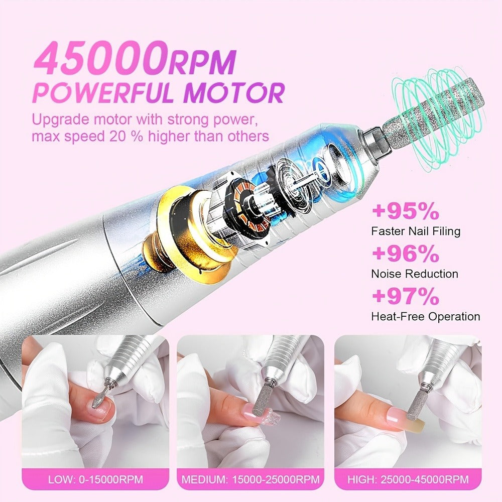 Nail Drill Machine 45000 RPM Brushless Motor 10-Hour Battery Electric Nail File with LCD Smart Screen 6 Drill Bits 6 Sanding Bands – Forward Reverse Low Noise Nail Grinder for Gel Acrylic Nails Home Salon