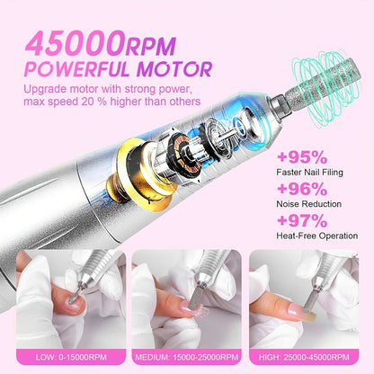 Nail Drill Machine 45000 RPM Brushless Motor 10-Hour Battery Electric Nail File with LCD Smart Screen 6 Drill Bits 6 Sanding Bands – Forward Reverse Low Noise Nail Grinder for Gel Acrylic Nails Home Salon