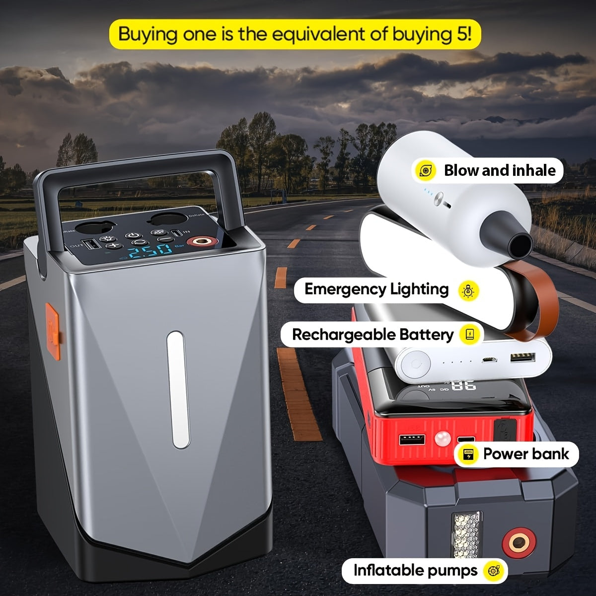 Jump Starter with Air Compressor, 5in 1 Function Jump Box 25000mAh Peak 150PSI Jump Starter Battery Pack with Digital Tire Inflator, Car Battery Charger Portable for 10.L Gas Or 2.38gal Diesel QC18W Fast Charging USB Output, LED Emergency Lighting