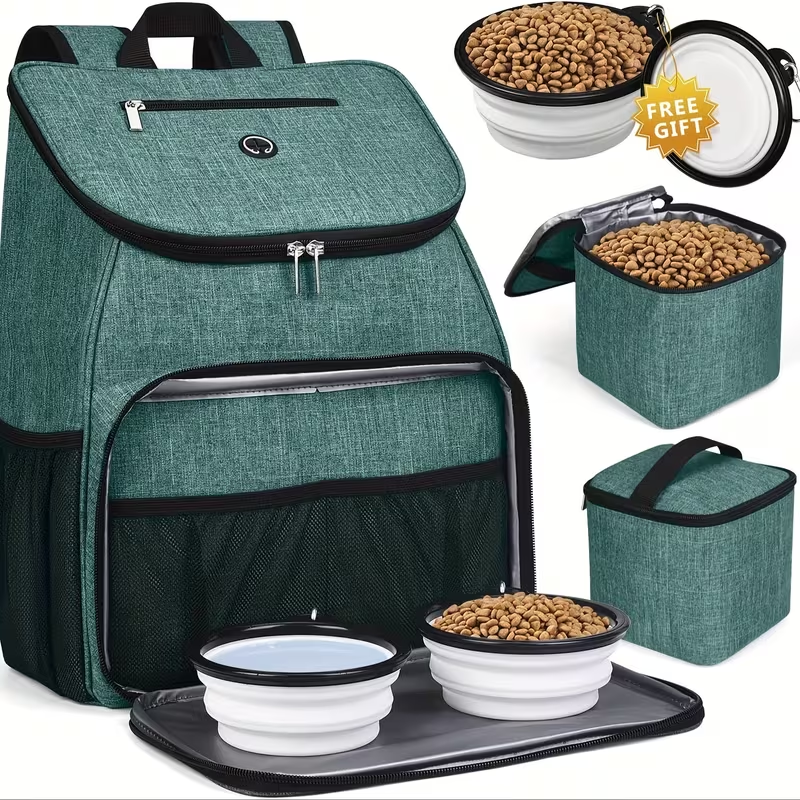 Pet Travel Backpack Double Layer Dog Cat Supplies Bag with 2 Collapsible Bowls 2 Food Baskets Portable Organizer for Outdoor Hiking Camping Road Trip