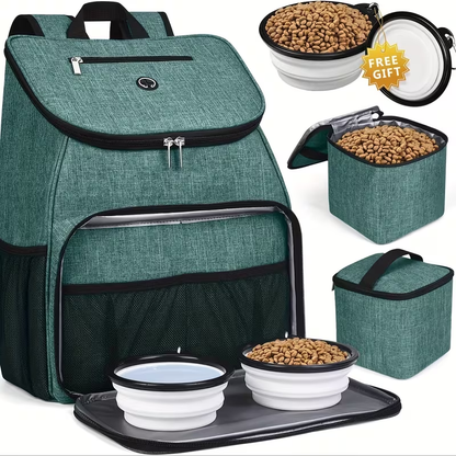 Pet Travel Backpack Double Layer Dog Cat Supplies Bag with 2 Collapsible Bowls 2 Food Baskets Portable Organizer for Outdoor Hiking Camping Road Trip